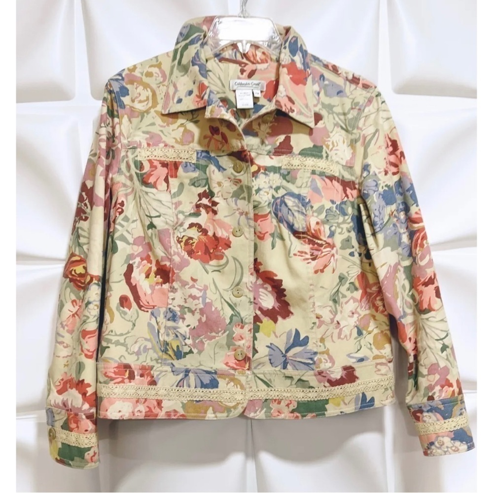 Coldwater Creek Sz PM P M Floral Print Crochet Detail Spring Blazer Jacket Women